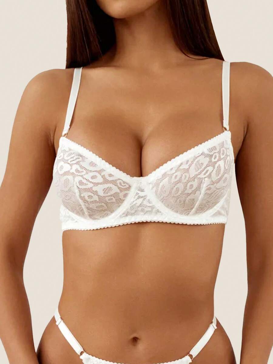 Áo ngực Bralette kiểu Pháp gợi cảm, đồ lót họa tiết da báo mỏng, đồ lót thoải mái, áo ngực có gọng cho nữ, đồ lót sọc họa tiết da báo, áo ngực gợi cảm, lãng mạn, áo ngực trong suốt in lưới - trắng - Xem 1