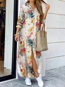 Women Spring Summer Casual Turndown Collar Print Elegant Long Sleeve Shirt Dress, Boho Style Vacation - Multicolor - View 1