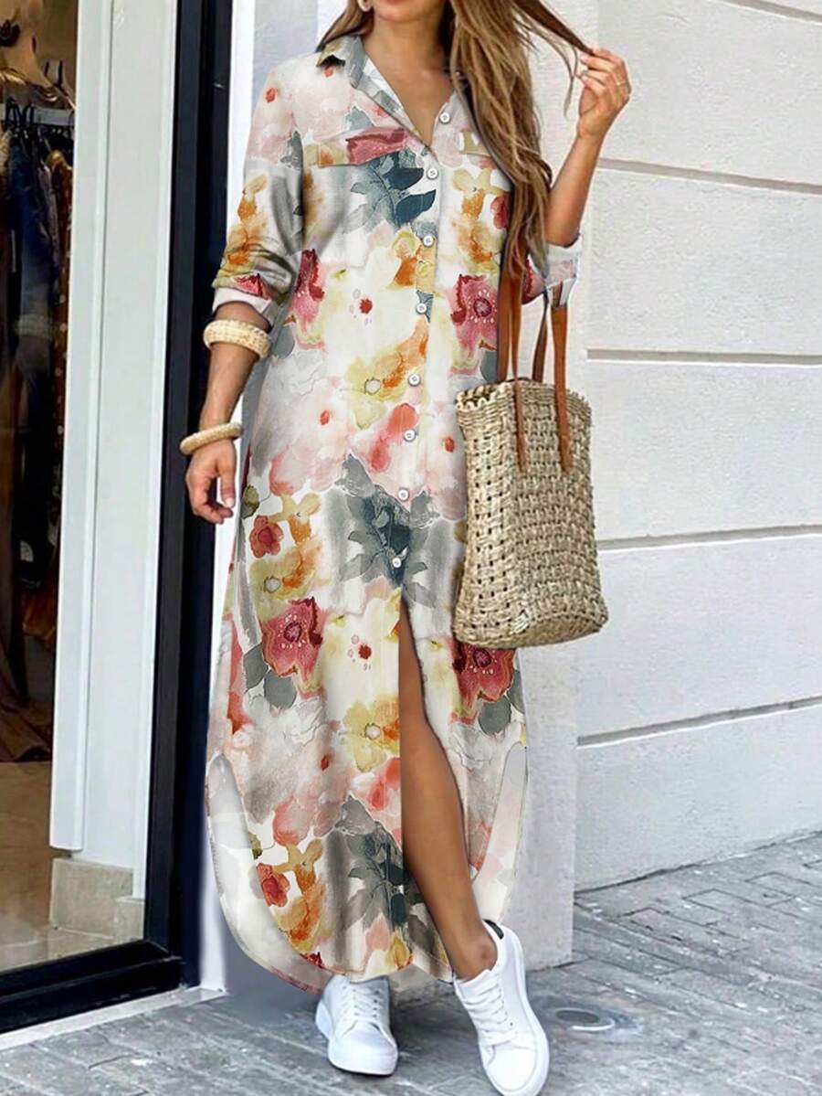 Women Spring Summer Casual Turndown Collar Print Elegant Long Sleeve Shirt Dress, Boho Style Vacation - Multicolor - View 1
