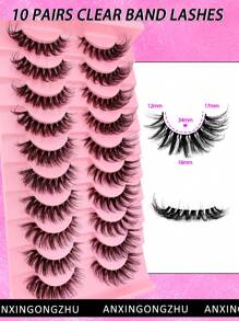 10 对假睫毛透明带俄罗斯条状睫毛 D 卷曲纤细自然外观 16 毫米卷曲仿貂睫毛像睫毛延长蓬松透明带猫眼假尾巴细长睫毛包 - 黑色 - 查看 7