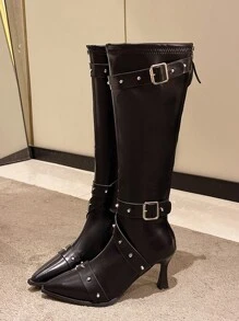 Women's Black Pointed Toe Stiletto Heel Over Knee Boots With Belt Buckle, Zipper Back European And American Style Riveted High Boots For Autumn 2024