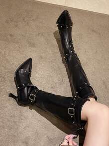Women's Black Pointed Toe Stiletto Heel Over Knee Boots With Belt Buckle, Zipper Back European And American Style Riveted High Boots For Autumn 2024