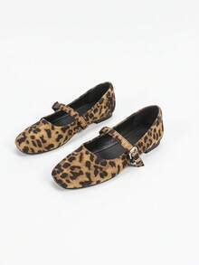 French Retro Mary Jane Flats, Square Toe, Suede Leopard Print, Soft Sole, Commuting Granny Shoes For Women, Spring/Autumn - Brown - View 6