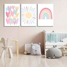 3pcs Pink Framed Canvas Wall Art For Room, Rainbow Wrapped Canvas, Girls Bedroom, Nursery Decor, Boho Pink Sunshine Painting, Suitable For Classroom, School, Kindergarten Decoration, Poster Gift, Birthday Graduation - Multicolor - View 6
