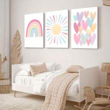 3pcs Pink Framed Canvas Wall Art For Room, Rainbow Wrapped Canvas, Girls Bedroom, Nursery Decor, Boho Pink Sunshine Painting, Suitable For Classroom, School, Kindergarten Decoration, Poster Gift, Birthday Graduation - Multicolor - View 5