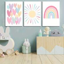 3pcs Pink Framed Canvas Wall Art For Room, Rainbow Wrapped Canvas, Girls Bedroom, Nursery Decor, Boho Pink Sunshine Painting, Suitable For Classroom, School, Kindergarten Decoration, Poster Gift, Birthday Graduation - Multicolor - View 1