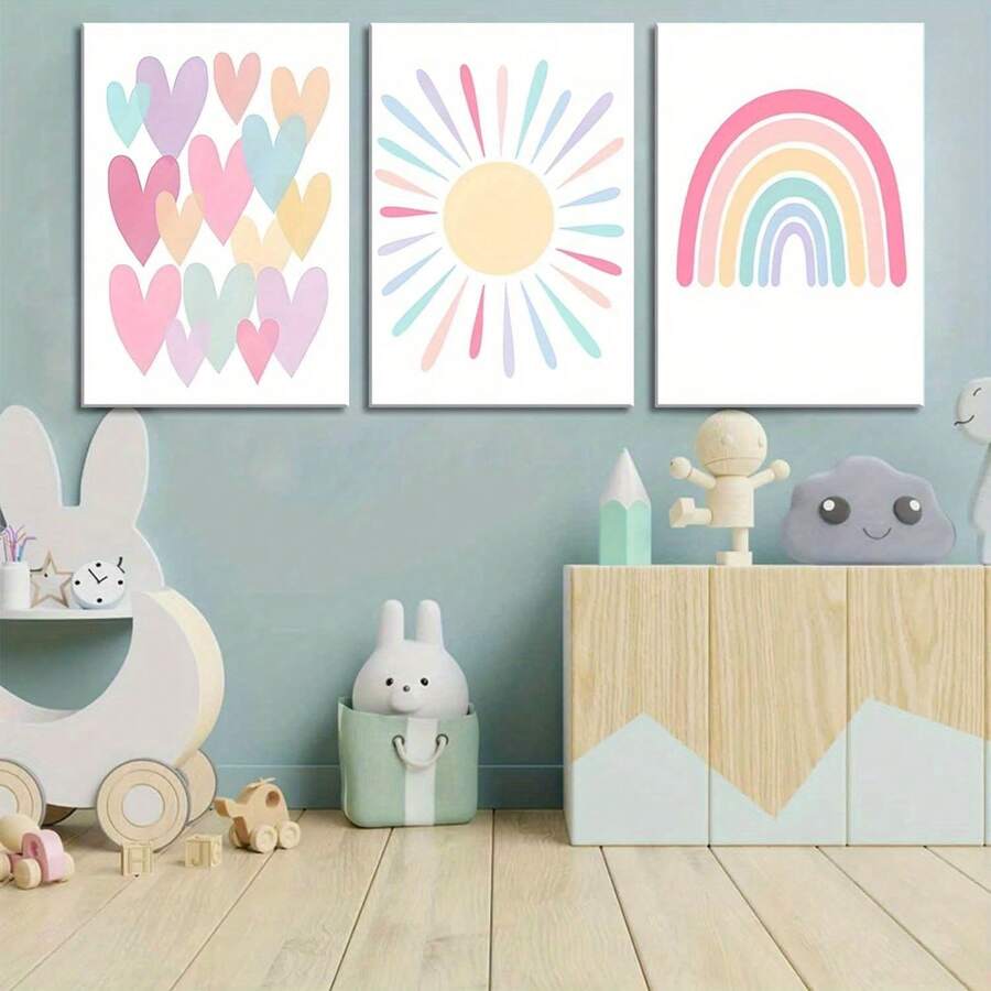 3pcs Pink Framed Canvas Wall Art For Room, Rainbow Wrapped Canvas, Girls Bedroom, Nursery Decor, Boho Pink Sunshine Painting, Suitable For Classroom, School, Kindergarten Decoration, Poster Gift, Birthday Graduation - Multicolor - View 1