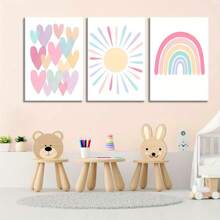 3pcs Pink Framed Canvas Wall Art For Room, Rainbow Wrapped Canvas, Girls Bedroom, Nursery Decor, Boho Pink Sunshine Painting, Suitable For Classroom, School, Kindergarten Decoration, Poster Gift, Birthday Graduation - Multicolor - View 8