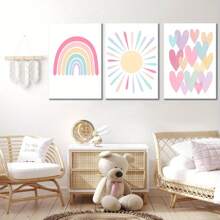 3pcs Pink Framed Canvas Wall Art For Room, Rainbow Wrapped Canvas, Girls Bedroom, Nursery Decor, Boho Pink Sunshine Painting, Suitable For Classroom, School, Kindergarten Decoration, Poster Gift, Birthday Graduation - Multicolor - View 7