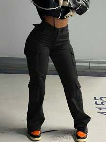 Y2K Style High Waist Wide Leg Workwear Jeans With Stretch And Flap Pockets - Women's Retro Streetwear(The Size Is Slightly Small; It Is Recommended To Order One Size Up.) - Black - View 1