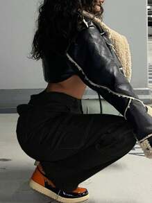 Y2K Style High Waist Wide Leg Workwear Jeans With Stretch And Flap Pockets - Women's Retro Streetwear(The Size Is Slightly Small; It Is Recommended To Order One Size Up.) - Black - View 2