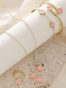 1 对耳环 + 1 条项链 + 1 条手链 + 1 条腕链 + 1 个戒指，合金首饰套装，带幸运花图案，女士时尚配饰礼品套装，婚礼新娘首饰套装万圣节