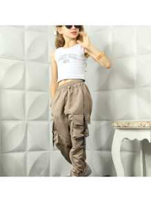SHEIN KIDS Women's Kids Jogger Cargo Bomber Pants Tactel Fabric Unisex Youth Model - 米色 - 查看 2