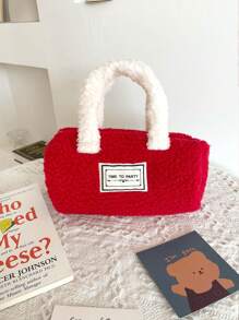 1pc Christmas & New Year Small Red Pocket Color Block Fluffy Hand Bag, Fuzzy Shoulder Bag With Storage - Multicolor - View 9