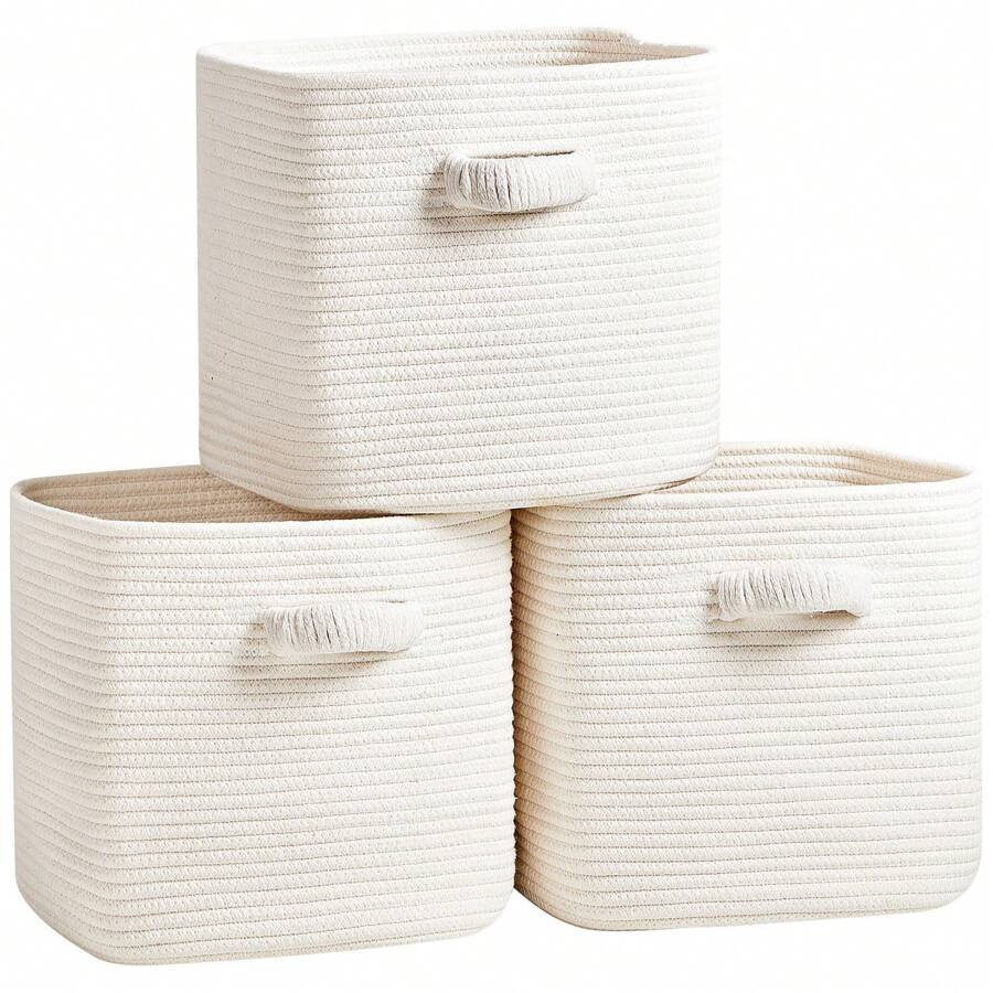 Storage Cube Baskets For Organizing - 3 Pack - 11 Inch Square Baskets For Cube Storage, Closet Storage Bins - Woven Cube Storage Bins For Shelves - Cube Drawer - Ideal For Toy Storage - 全白 - 查看 1