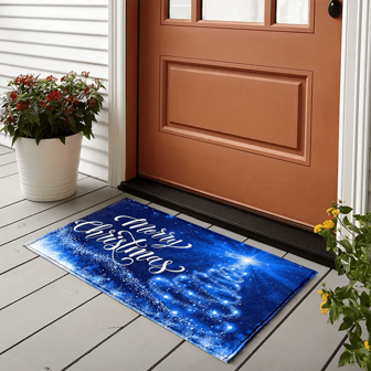 1pc Christmas Blue Snowflake & Tree Print Faux Fleece Kitchen Mat, TPR Anti-Slip Bottom Bathroom Mat, Home Decor, Kitchen Decor, Christmas Decor, Christmas Decoration