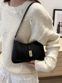 Chic Crescent-Shaped Shoulder Bag For Women - Elegant Solid Color Underarm Purse With Polyester Lining, Secure Buckle Closure - Black - View 4