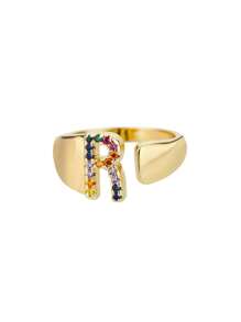1 Pc Fashion Colorful Zirconia A-Z Letter Ring For Women Gold Color Stainless Steel Geometric Open Initial Ring Wedding Engagement Jewelry Party Gift