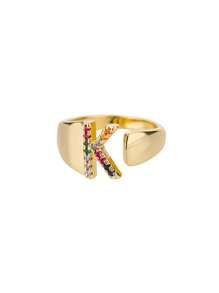 1 Pc Fashion Colorful Zirconia A-Z Letter Ring For Women Gold Color Stainless Steel Geometric Open Initial Ring Wedding Engagement Jewelry Party Gift