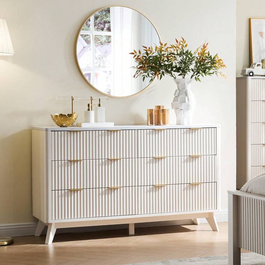 Fluted 6 Drawers Dresser, 54" Wide Modern Chest Of Drawers With Faux Marble Top & Curved Profile Design, Wood Drawer Organizer For Bedroom, Living Room, Hallway - Trắng cổ - Xem 1