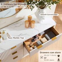 Fluted 6 Drawers Dresser, 54" Wide Modern Chest Of Drawers With Faux Marble Top & Curved Profile Design, Wood Drawer Organizer For Bedroom, Living Room, Hallway - Trắng cổ - Xem 6