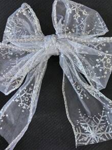 1pc Christmas Decor Sheer Organza Ribbon With Metallic Printed Snowflake Pattern, Powder Edge, Silver Wired Bow,Christmas Valentine Day
