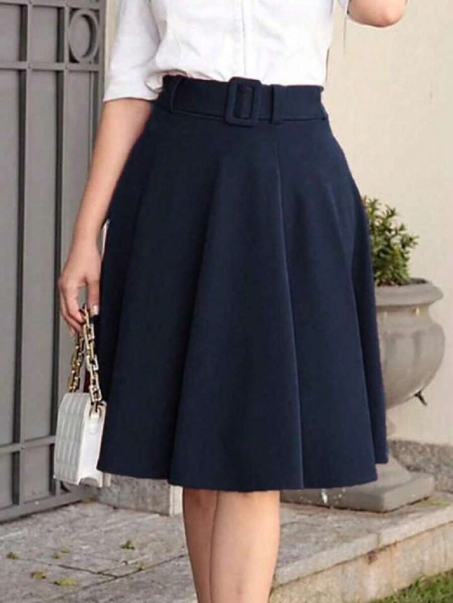 Godet Skirt With Belt - 藏蓝色 - 查看 1