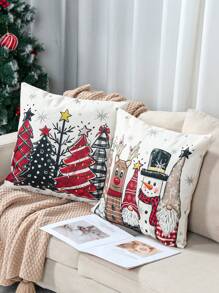 4pcs 45*45cm Decorative Pillowcase Linen Square Cushion Cover, Snowman&EIK& Tree Style Soft Pillow Cover For Party Home Room Sofa Chair Decorations Xmas Ornament, Pillow Core Not Included, Gifts, Decor, Back To School Home Decor Christmas Decorations Room Decor Christmas