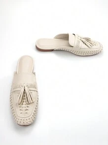 Mocasines cómodos de mujer con Top tejida a mano de material de microfibra arrugado beige, punta cuadrada, estilo slip-on, para uso diario, ocio y vacaciones