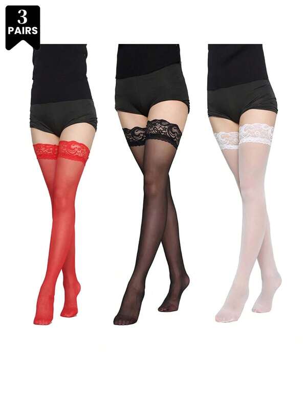 3 pares de meias femininas, pretas, brancas e vermelhas, até a coxa, com top de renda estreito antiderrapante, sexy, confortável, transparente, até o joelho, presentes para mulheres, suprimentos para meninas