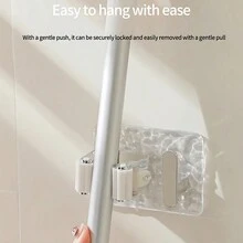 时尚壁挂式实用挂钩 - 1 件/2 件耐用塑料拖把和扫帚架，具有强力粘合剂，易于安装，无需钻孔，适用于厨房、浴室、阳台 - 彩色 - 查看 5