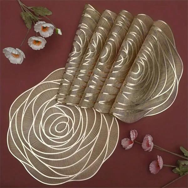 1pc/6pcs/8pcs/12pcs Rose Shaped Placemats, European Style PVC Table Mats, Bowl Pads, Heat Insulation Pads, Dining Table Mats, Hotel Western Restaurant Mats, Room Decor