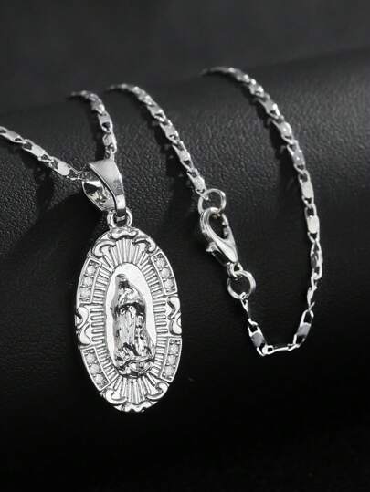 1pc Fashionable & Minimalist Virgin Mary Pendant Necklace With Zirconia, Men, European & American Religious Style