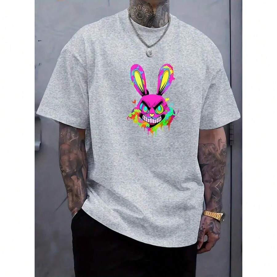Men's T-Shirt Psicy Rabbit Print Casual Fashion Unisex Shirt 100% Cotton - Xám - Xem 1