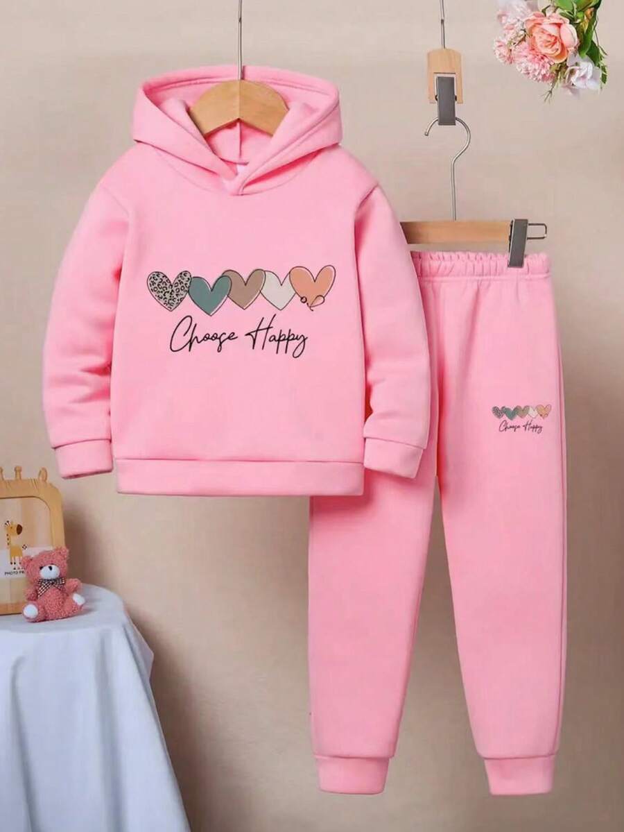 Young Girl Graphic Printed Fleece Sweatshirt And Casual Pants Set, Autumn/Winter - Pink - View 1