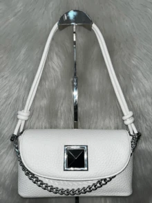 Women Minimalist Basic Fashion Casual Style Handbag For Party Work Travel With Turn Lock Side Handle And Hand Chain - trắng - Xem 1