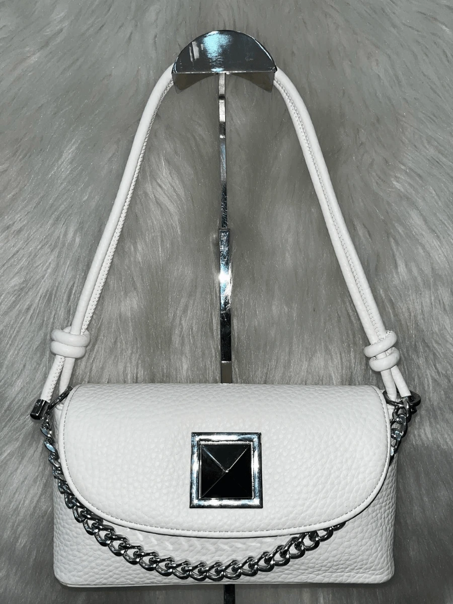 Women Minimalist Basic Fashion Casual Style Handbag For Party Work Travel With Turn Lock Side Handle And Hand Chain - trắng - Xem 1