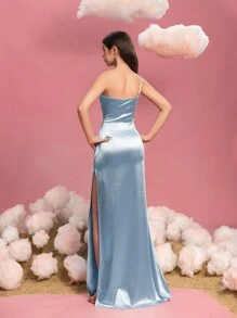Vestido de noche con un solo hombro y abertura alta para adolescentes | Vestido formal de cola de sirena para eventos de concursos de belleza, invitados de boda, ceremonias de graduación, eventos de alfombra roja y noches de teatro - Celeste - Ver 3