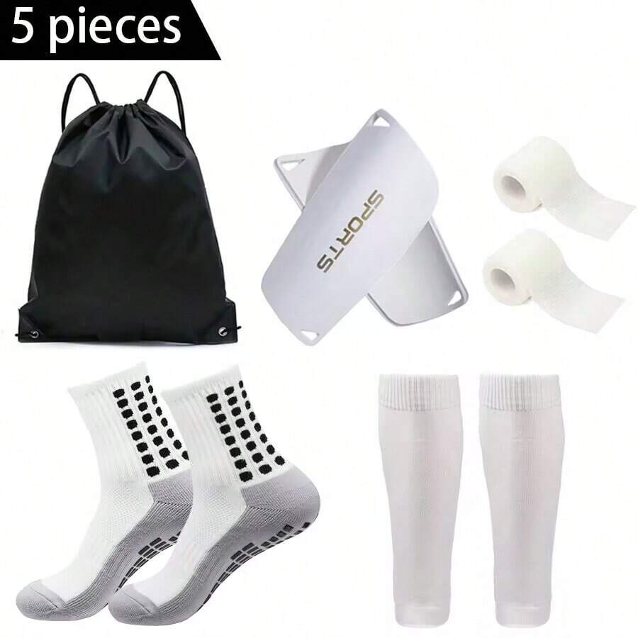 5 bucăți/Set Geantă cu șnur de fotbal, încălzitoare pentru picioare, apărătoare pentru tibie, suport pentru glezne, încălzitoare pentru picioare anti-alunecare la jumătatea gambei pentru antrenament sportiv pentru tineri, pentru sală - alb - Vizualizare 1