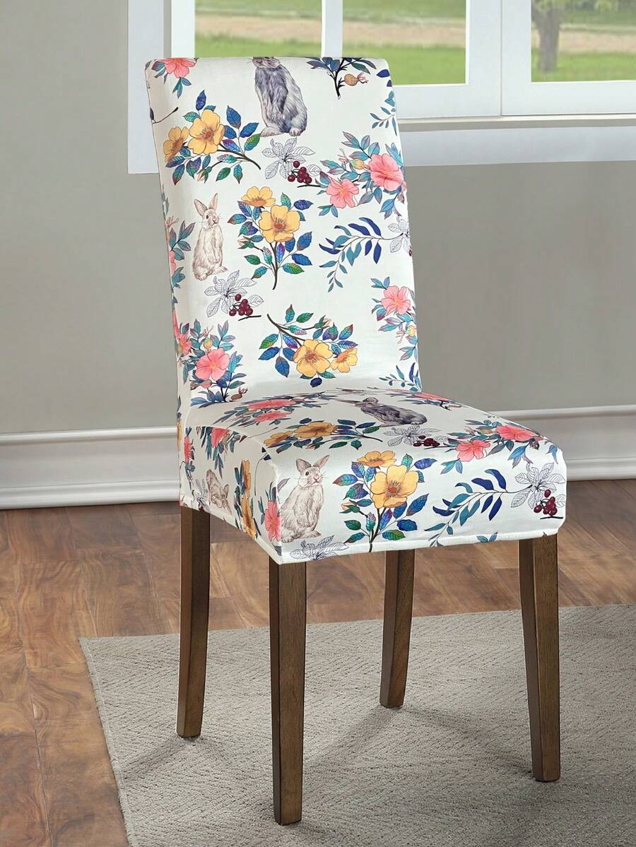 1/4 件印花牛奶丝椅套，高弹力涤纶纤维装饰餐椅套，适用于客厅、卧室、酒店、餐厅、派对 - 花與兔子 - 查看 1