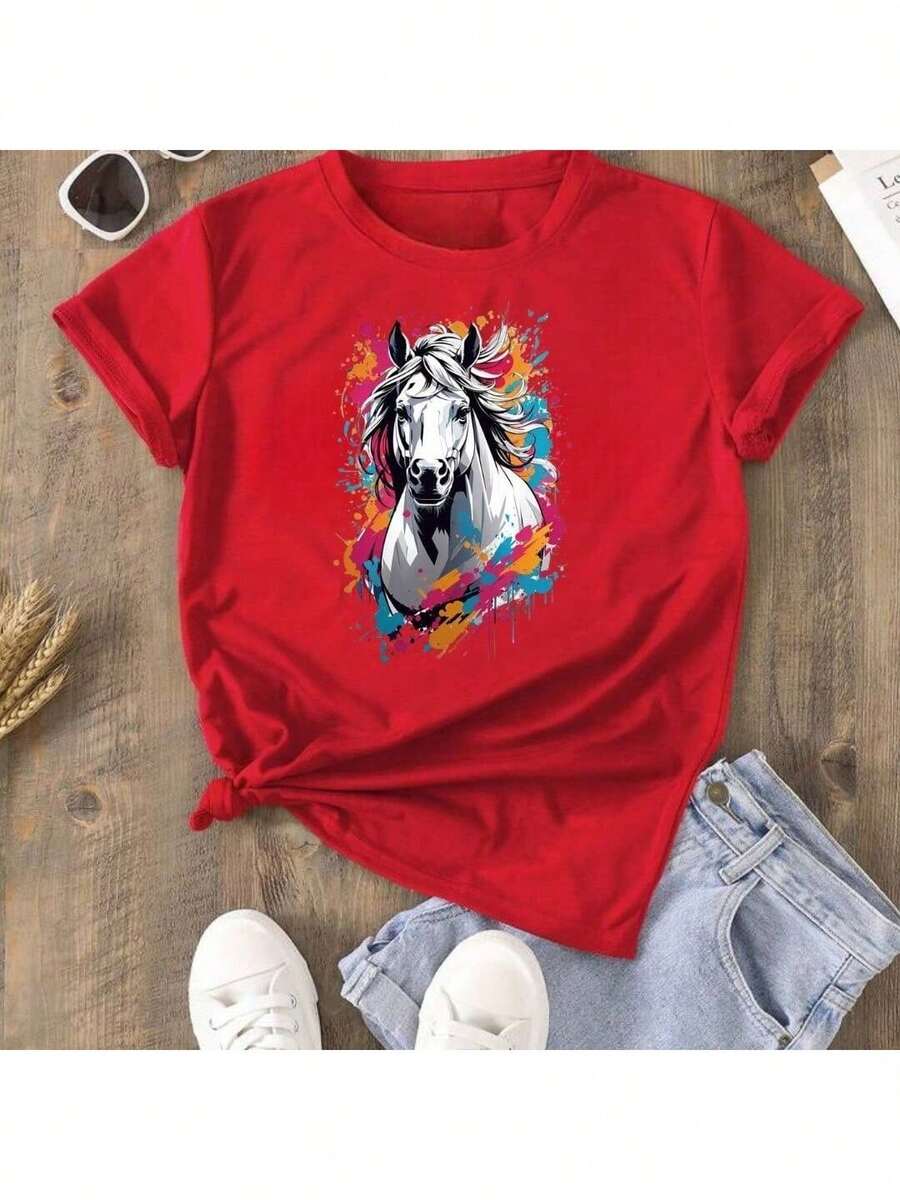 Tay-Day Horse Women's T-Shirt 100% Cotton - Đỏ - Xem 1