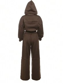 女式街头风格休闲连帽拉链夹克和宽松长裤套装 - 棕色 - 查看 5