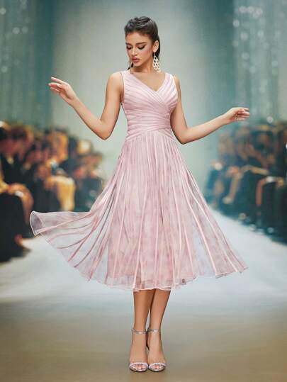 V-ringad blomtryck hög-låg formell klänning festklänning bröllopsgäst klänning aftonklänning