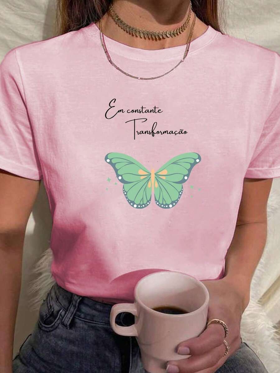 Women's T-Shirt With Butterfly Print In Constant Transformation, Motivational Phrases - 淺粉色 - 查看 1