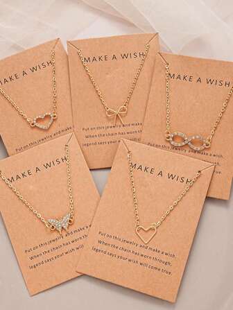 7pcs/5pcs/6pcs Heart & Butterfly Rhinestone Pendant Necklace Set, For Women Holiday, Valentine, Christmas, Sisters Gift, Casual, Party Wear (With Card)