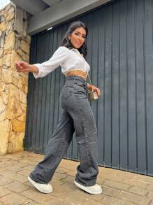 Pants/Wide Leg/Jeans/High Waist Women's Jeans Without Lycra - 灰色 - 查看 2