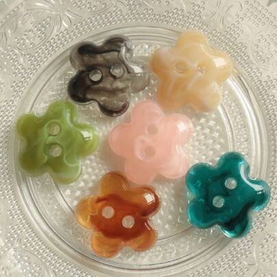 6/12pcs Multi-Color Tie-Dye Two-Toned Double-Hole 5-Petal Flower Acrylic Sweater Cardigan Coat Jacket Sleepwear Decorative Hand Sew Button DIY Hair Accessories Decorations