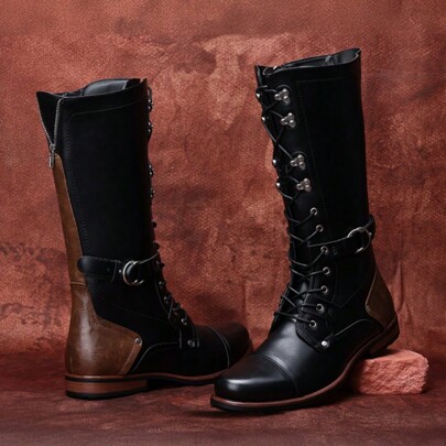 Men's Classic Boots - Stylish High Motorcycle Boots, Retro Design, Comfortable Casual Square Toe Footwear