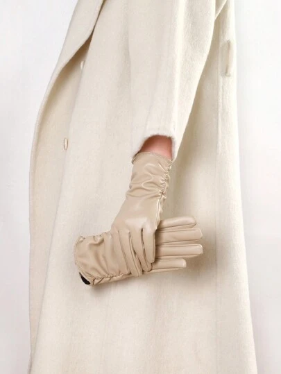 1 双纯色街头风格 PU 皮革绗缝女士仿皮手套，时尚保暖防水，适合外出、约会和冬季秋季配饰