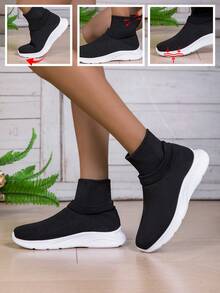 全新时尚针织袜鞋 女士休闲运动鞋 软底透气跑步鞋 女士护腿鞋 - 黑色 - 查看 1